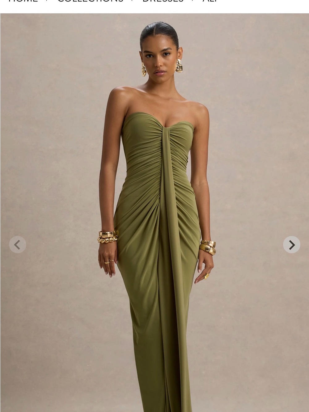 Strapless Olive Ruched Column Evening Dress